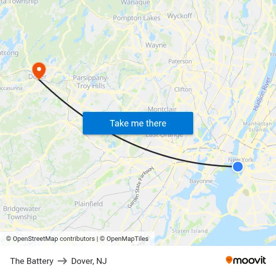 The Battery to Dover, NJ map