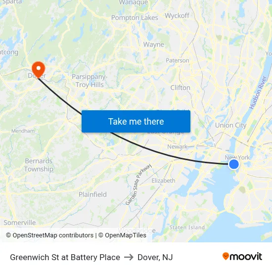 Greenwich St at Battery Place to Dover, NJ map