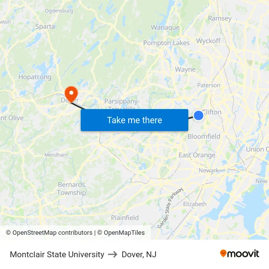 Montclair State University to Dover, NJ map