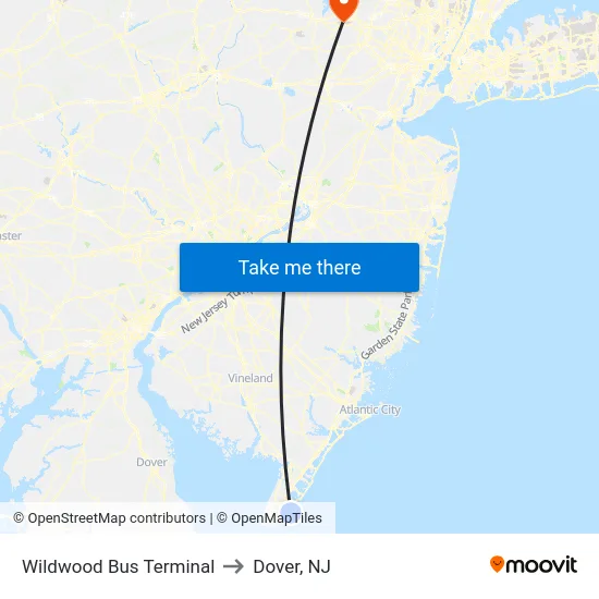 Wildwood Bus Terminal to Dover, NJ map