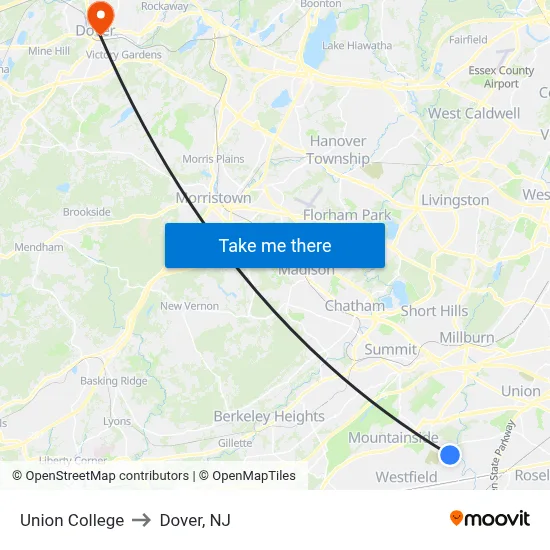 Union College to Dover, NJ map
