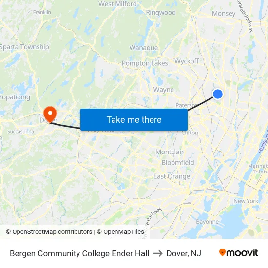 Bergen Community College Ender Hall to Dover, NJ map
