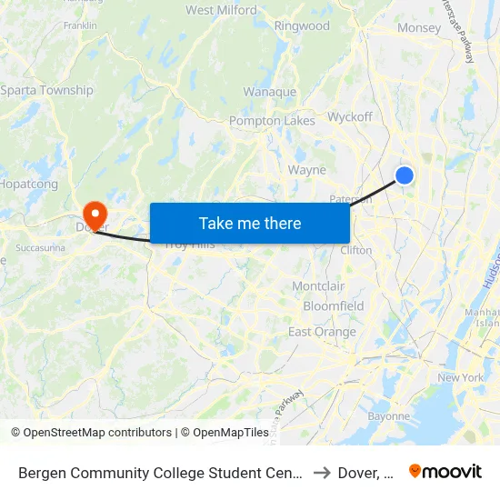 Bergen Community College Student Center to Dover, NJ map