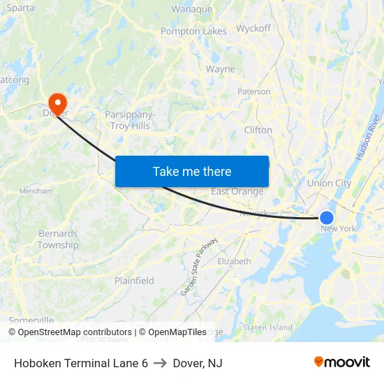 Hoboken Terminal Lane 6 to Dover, NJ map