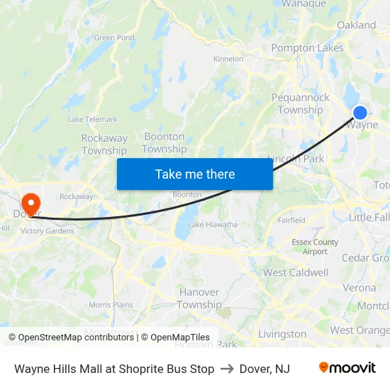 Wayne Hills Mall at Shoprite Bus Stop to Dover, NJ map