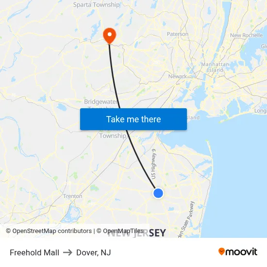 Freehold Mall to Dover, NJ map