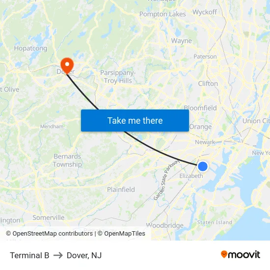 Terminal B to Dover, NJ map