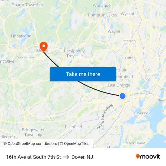 16th Ave at South 7th St to Dover, NJ map