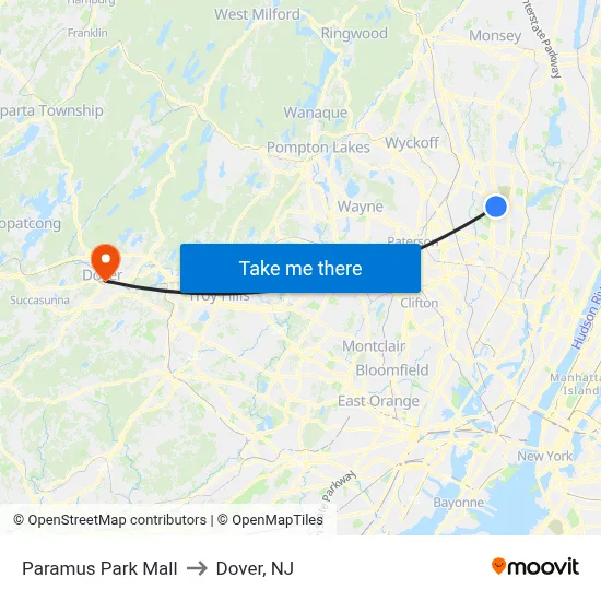 Paramus Park Mall to Dover, NJ map