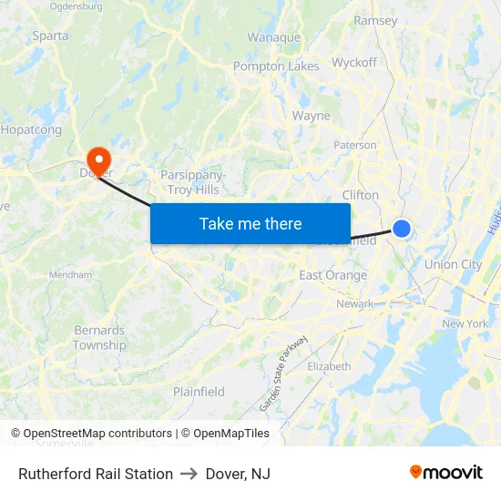 Rutherford Rail Station to Dover, NJ map