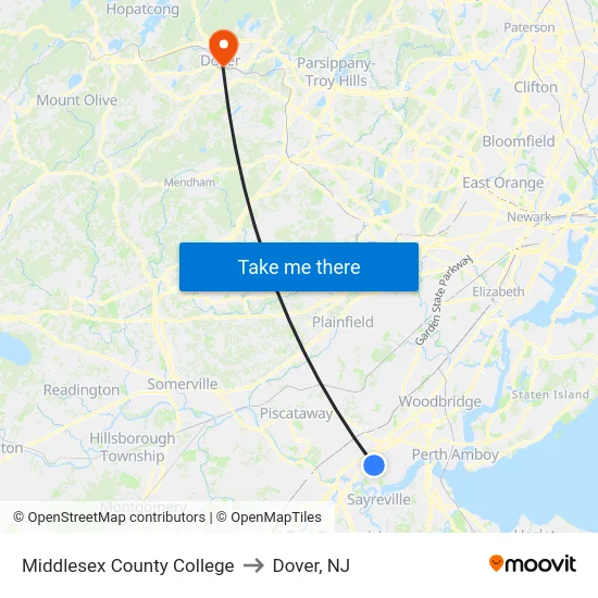 Middlesex County College to Dover, NJ map