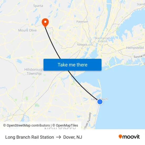 Long Branch Rail Station to Dover, NJ map