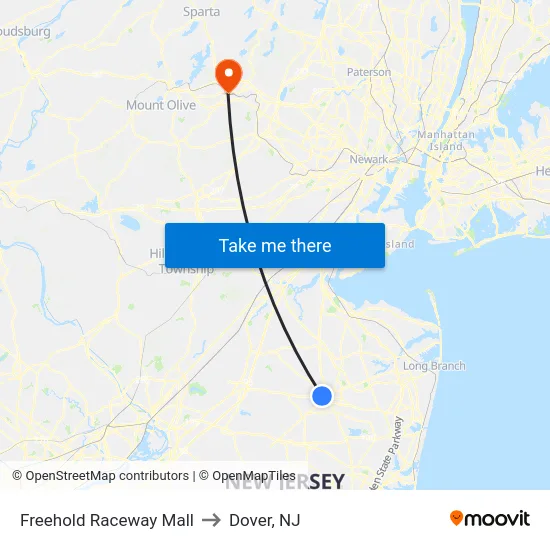 Freehold Raceway Mall to Dover, NJ map