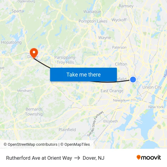 Rutherford Ave at Orient Way to Dover, NJ map