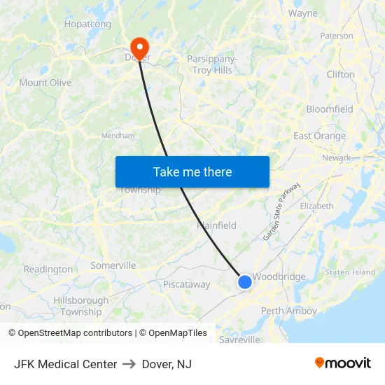JFK Medical Center to Dover, NJ map