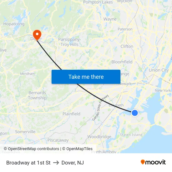 Broadway at 1st St to Dover, NJ map