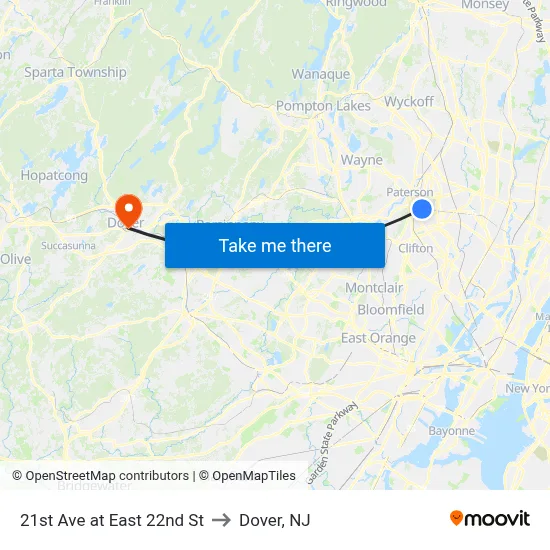 21st Ave at East 22nd St to Dover, NJ map