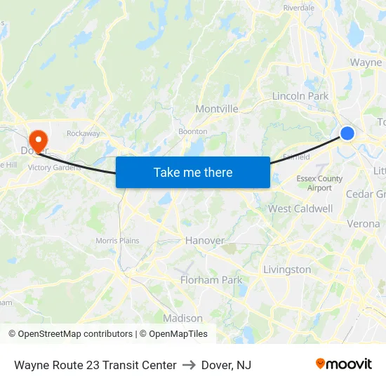 Wayne Route 23 Transit Center to Dover, NJ map