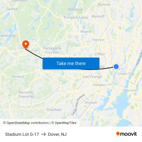 Stadium Lot G-17 to Dover, NJ map