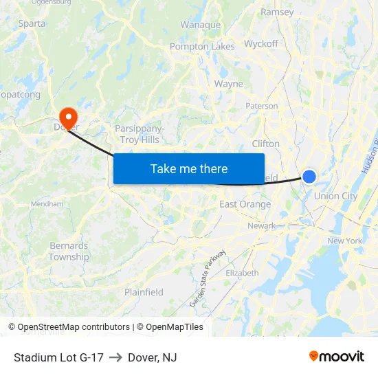 Stadium Lot G-17 to Dover, NJ map
