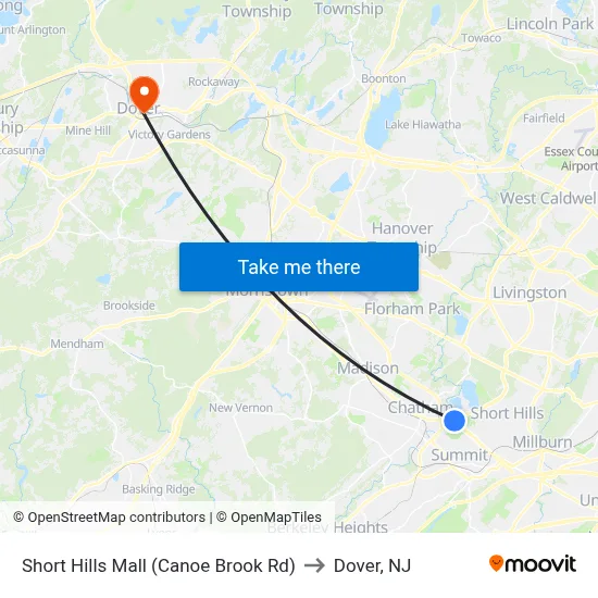Short Hills Mall (Canoe Brook Rd) to Dover, NJ map