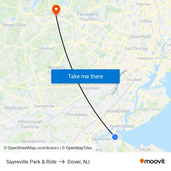 Sayreville Park & Ride to Dover, NJ map