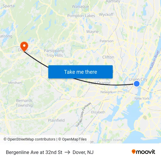 Bergenline Ave at 32nd St to Dover, NJ map