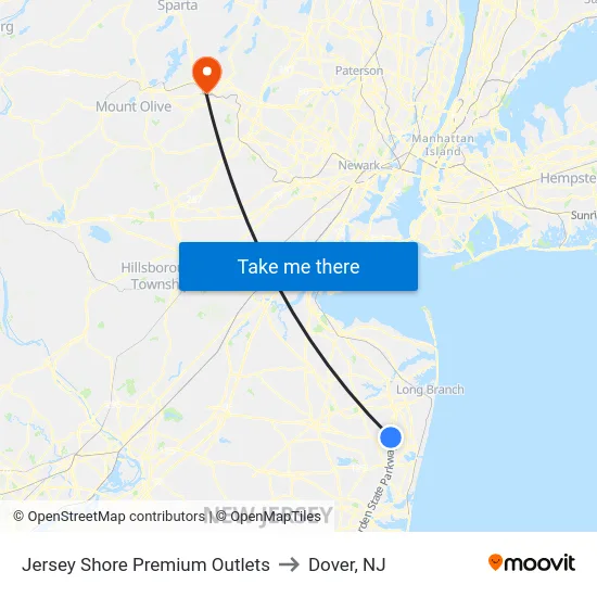 Jersey Shore Premium Outlets to Dover, NJ map