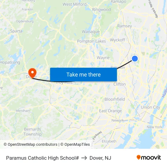 Paramus Catholic High School# to Dover, NJ map