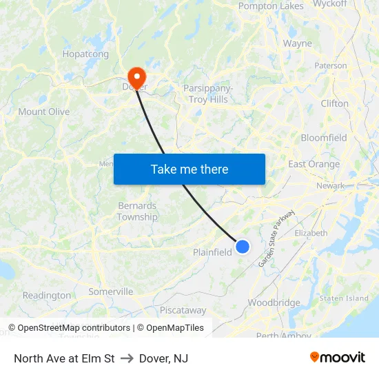 North Ave at Elm St to Dover, NJ map