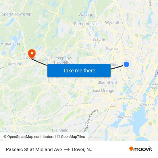Passaic St at Midland Ave to Dover, NJ map
