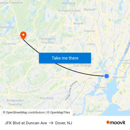 JFK Blvd at Duncan Ave to Dover, NJ map