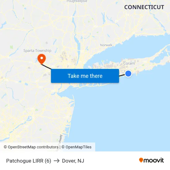Patchogue LIRR (6) to Dover, NJ map
