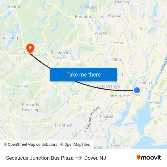 Secaucus Junction Bus Plaza to Dover, NJ map