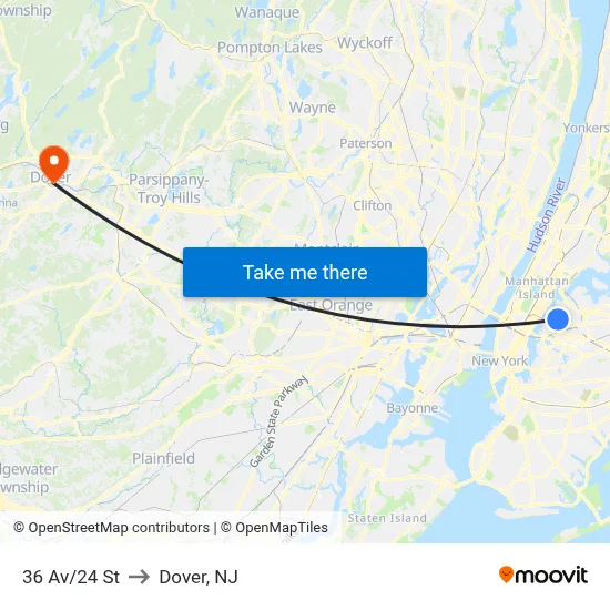 36 Av/24 St to Dover, NJ map