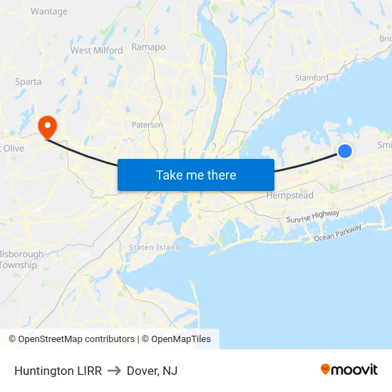 Huntington LIRR to Dover, NJ map
