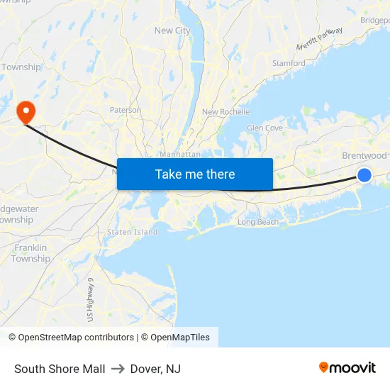 South Shore Mall to Dover, NJ map