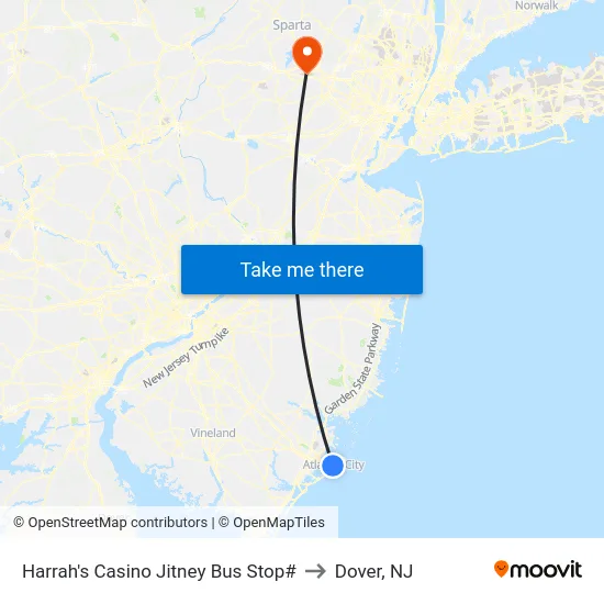 Harrah's Casino Jitney Bus Stop# to Dover, NJ map