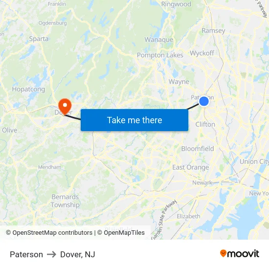 Paterson to Dover, NJ map