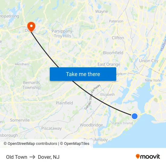 Old Town to Dover, NJ map