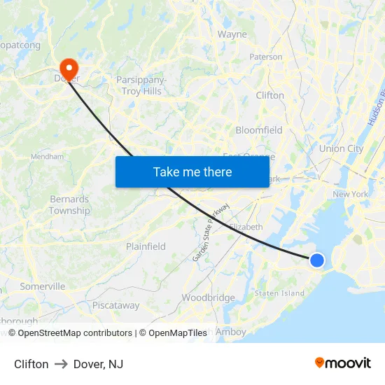 Clifton to Dover, NJ map