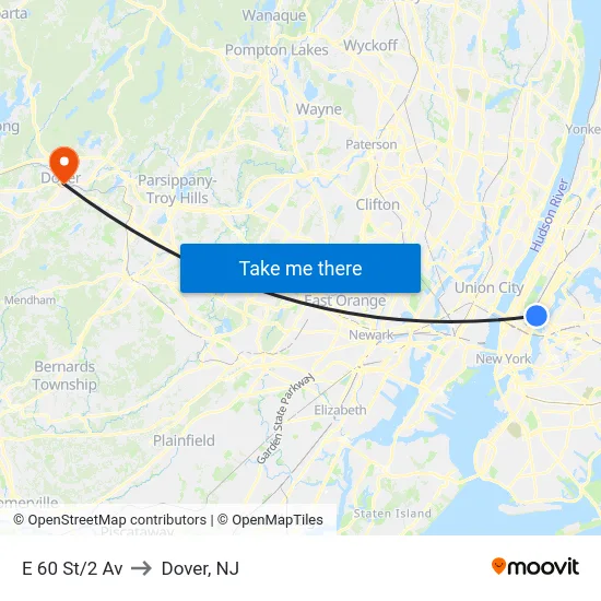 E 60 St/2 Av to Dover, NJ map