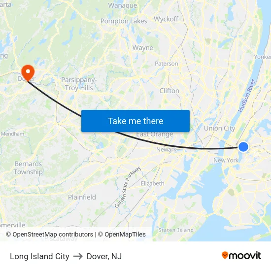 Long Island City to Dover, NJ map