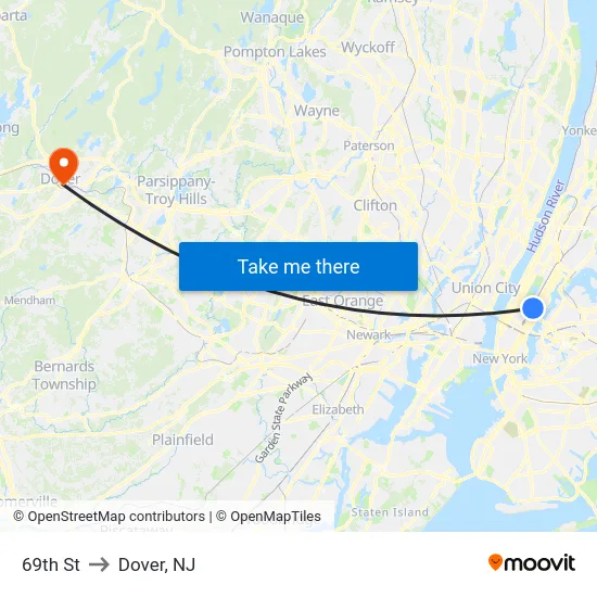 69th St to Dover, NJ map
