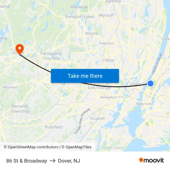 86 St & Broadway to Dover, NJ map