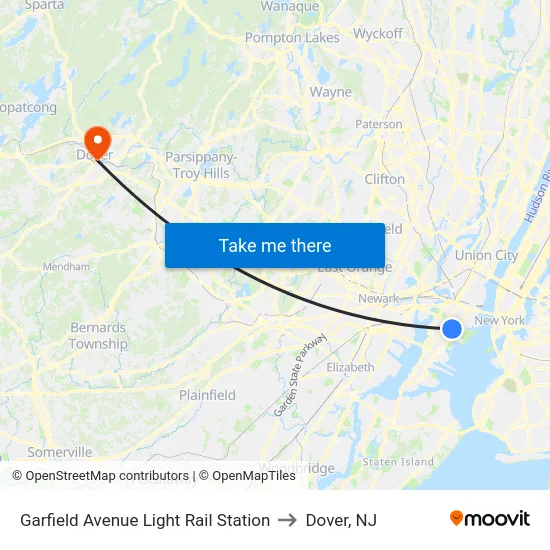 Garfield Avenue Light Rail Station to Dover, NJ map