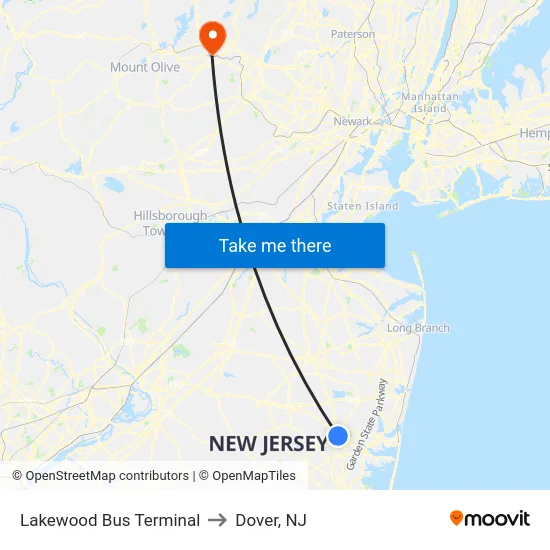 Lakewood Bus Terminal to Dover, NJ map