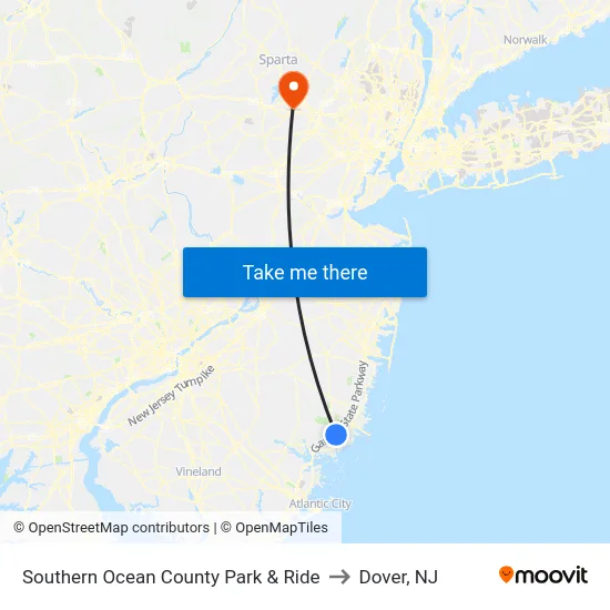 Southern Ocean County Park & Ride to Dover, NJ map