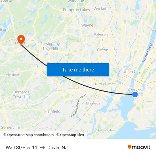 Wall St/Pier 11 to Dover, NJ map