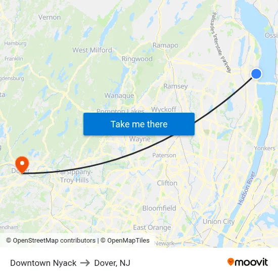 Downtown Nyack to Dover, NJ map